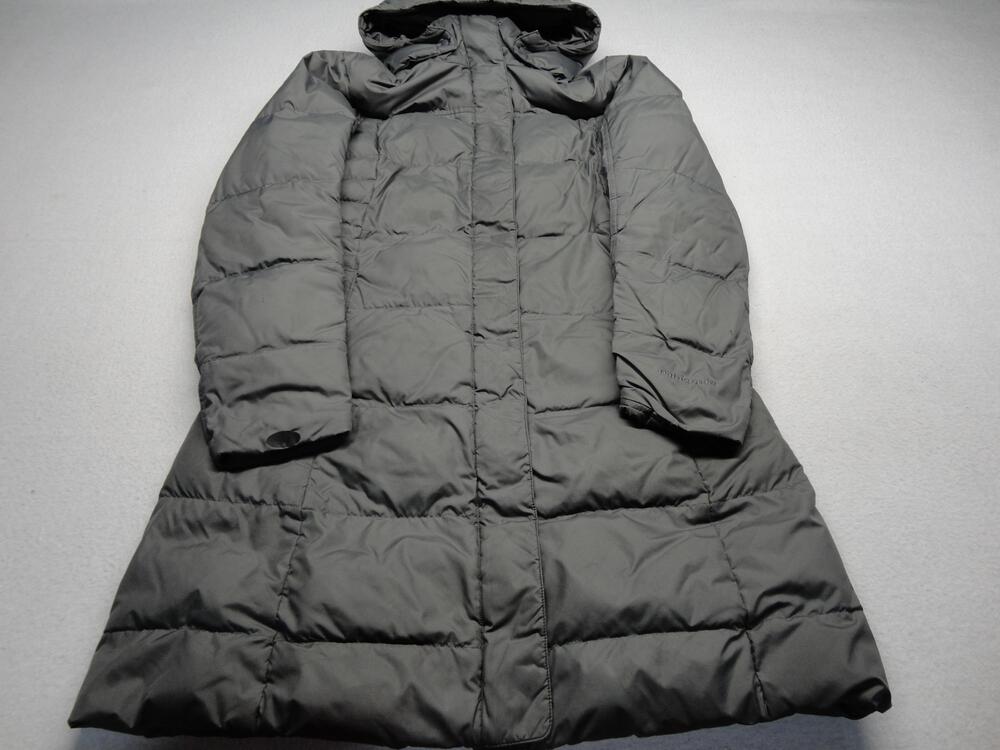 Patagonia Coat Womens Medium Gray Hooded Down Puffer Long Parka Warm STY28439
